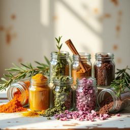 A captivating still life composition featuring delicate glass jars filled with vibrant spices and herbs. Turmeric's orange hu