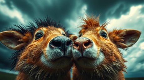 Experience an extreme macro close-up of two mischievous talking animals amidst a dramatic, stormy weather scene.  High tensio