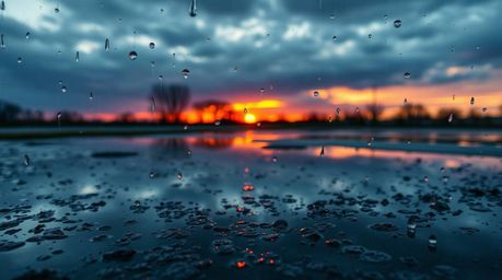 A captivating high-resolution stock photo depicts a serene pond reflecting a vibrant sunset during a gentle rain. The image s