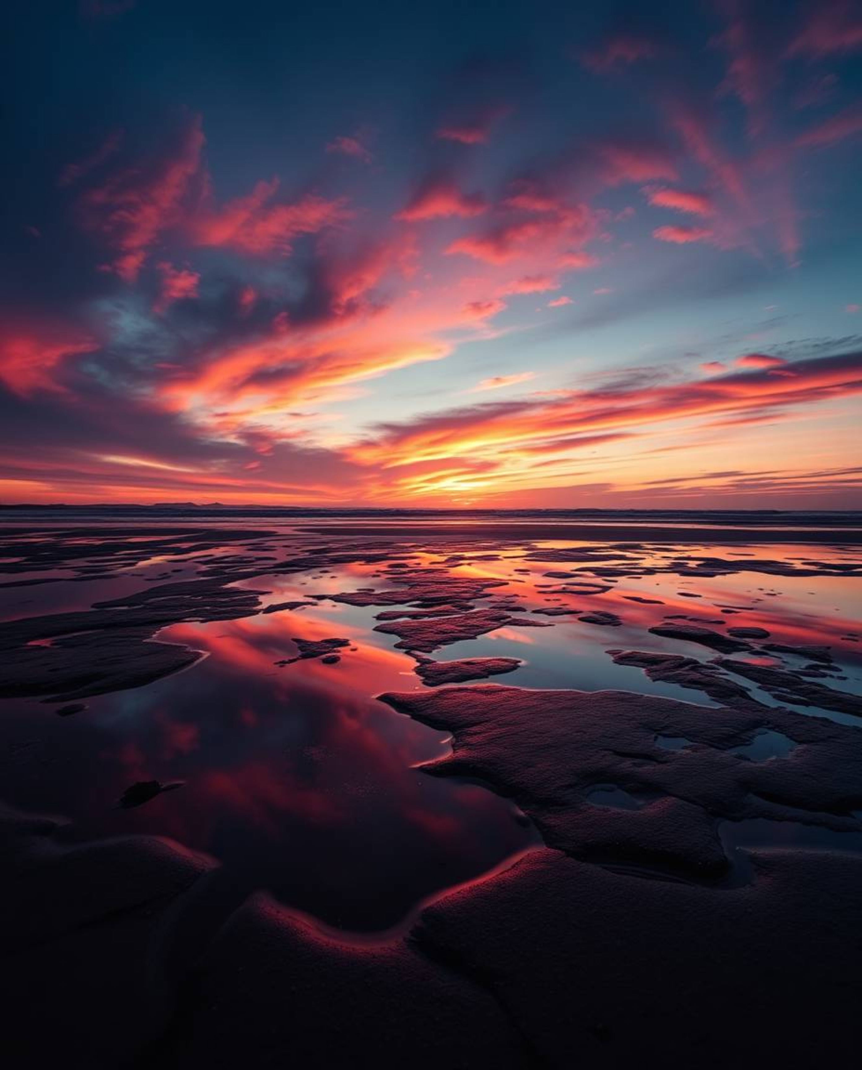 A sophisticated and elegant photograph depicts a stunning sunset sky, rich with vibrant burgundy and deep blue hues, mirrored