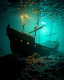 An illuminated shipwreck deep underwater, rendered with a captivating cast bronze surface and exhibiting an ethereal spiritua