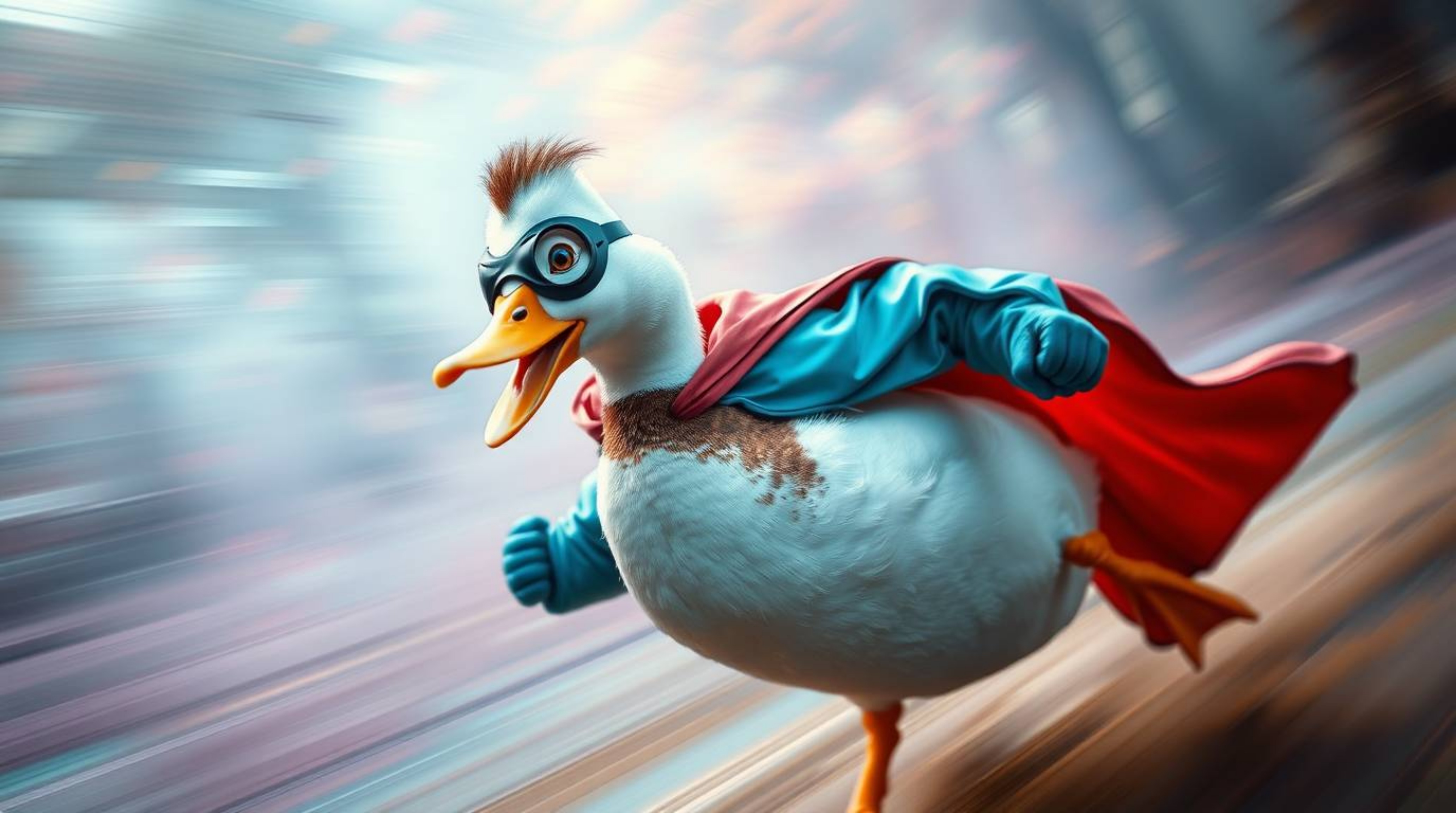 Immerse yourself in a dynamic motion image featuring a duck adorned in a zany superhero costume, set within a mystic and ench