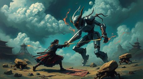A surreal painting captures a dreamlike battle between a samurai and a robot within a dystopian world.  The artwork features 
