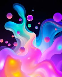 This artwork features bioluminescent colors where colorful 3D fluid shapes gracefully interact with geometric forms. The resu