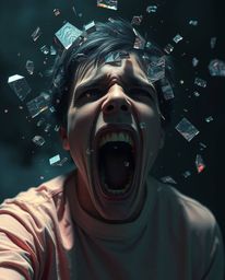A terrifyingly beautiful scene unfolds: a person screams in horror as their world disintegrates into a vibrant, pixelated cha