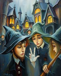 Explore an extreme macro close-up oil painting depicting a magical school brimming with young wizards. This artwork showcases