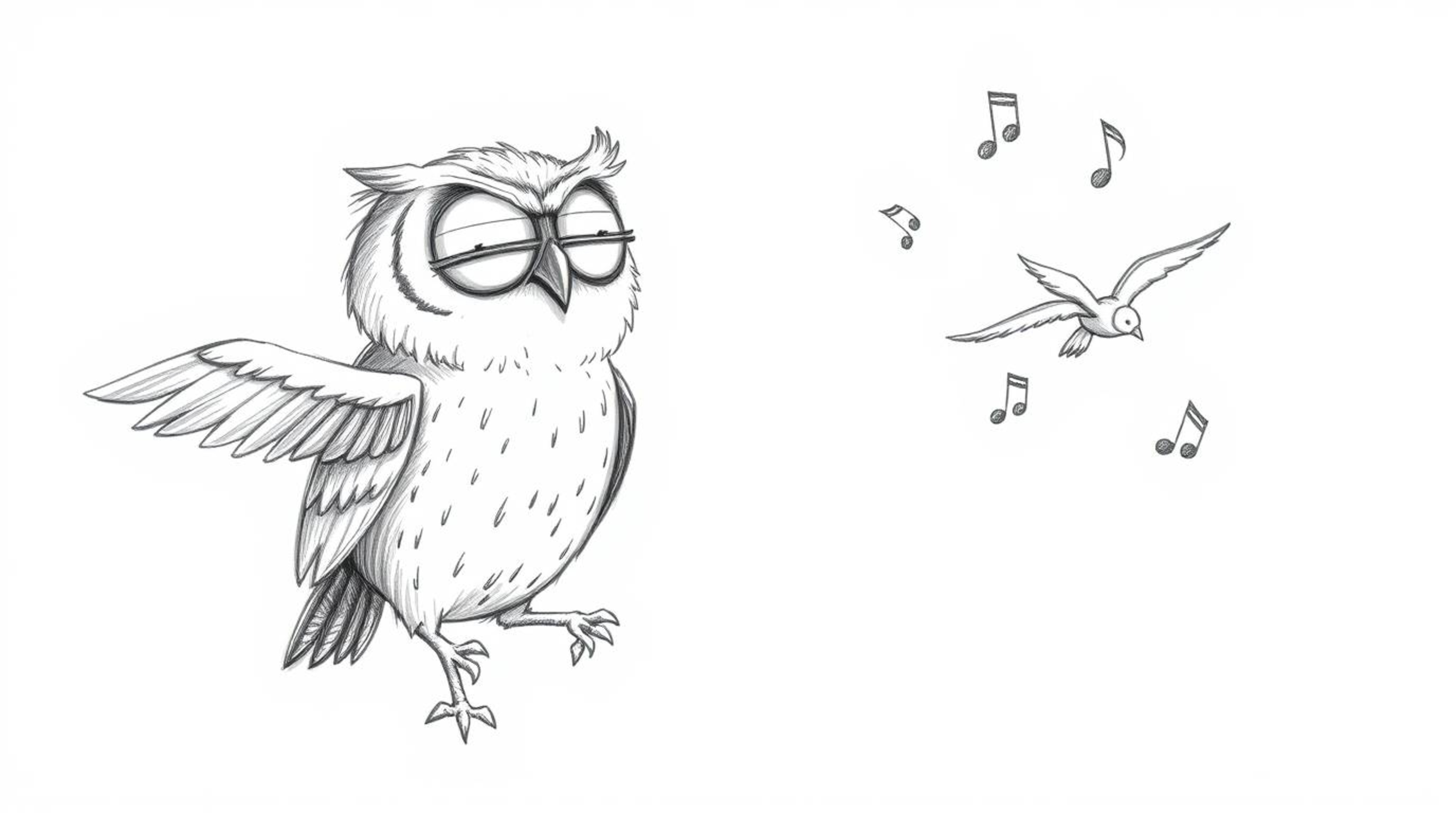 A heartwarming, hand-drawn sketch in a Pixar-esque style depicts a blind owl with expressive features, generously teaching ot