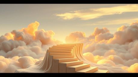 Discover a captivating piece of surreal clay art depicting a winding stairway crafted from smoke and light, ascending into a 