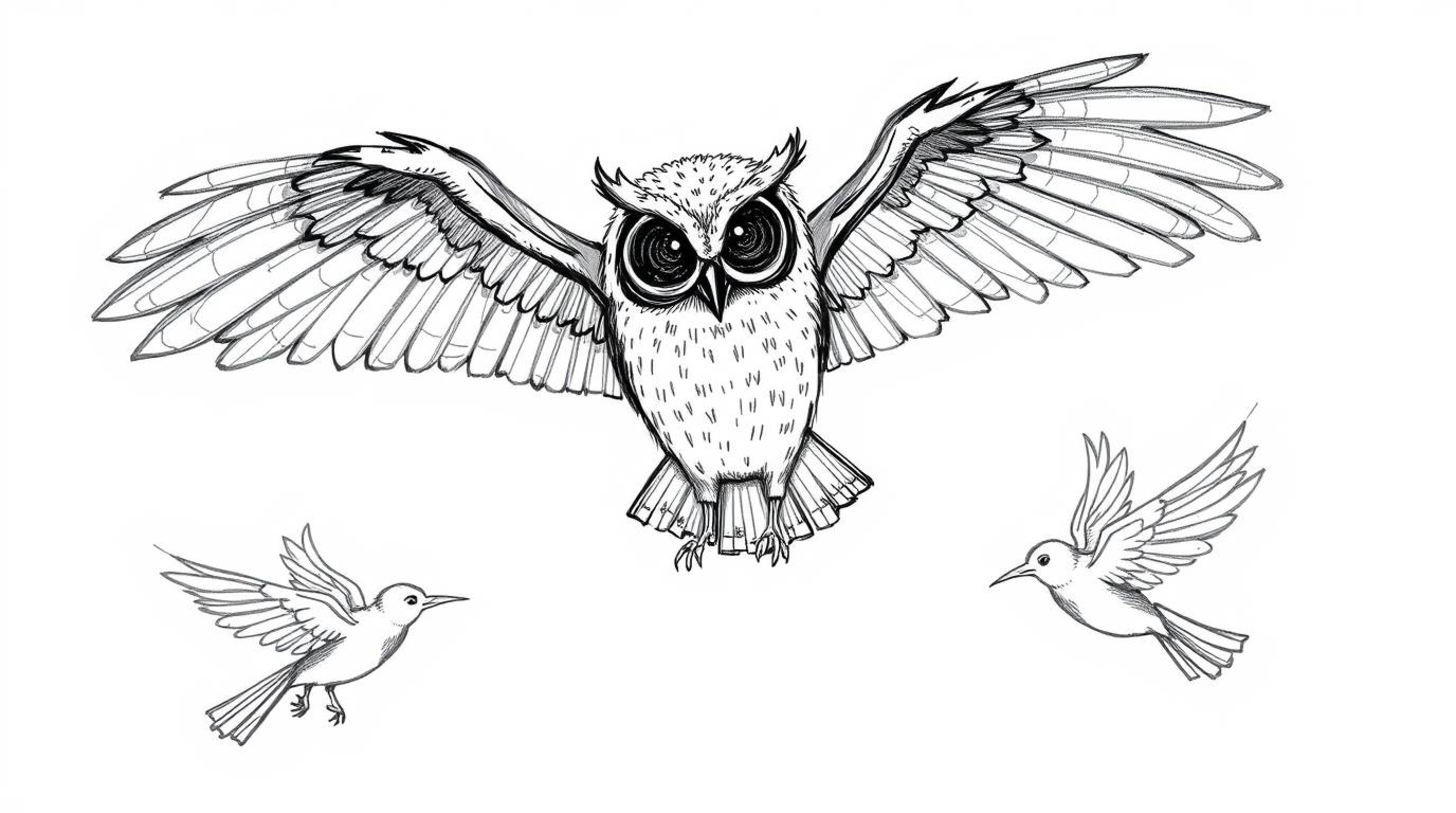 A whimsical, hand-drawn Pixar-esque sketch features a blind owl, subtly textured, guiding birds in the art of flight. The att