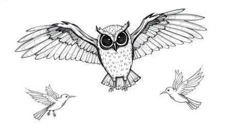 A whimsical, hand-drawn Pixar-esque sketch features a blind owl, subtly textured, guiding birds in the art of flight. The att