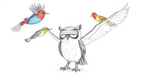 A heartwarming hand-drawn sketch depicts a determined blind owl, rendered in Pixar style, passionately teaching a diverse gro