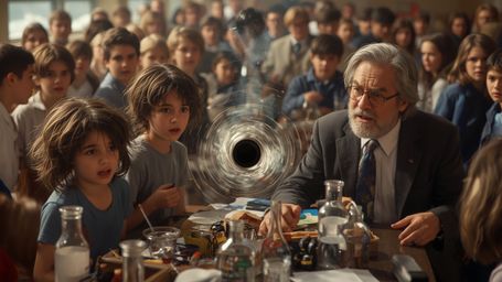 In a highly detailed, cinematic photo reminiscent of Pixar's signature style, a chaotic science fair unfolds as a duo of exci