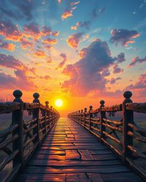 A surreal digital painting captures an old wooden bridge at sunset in a spectacular display of electric, vivid colors. The ar