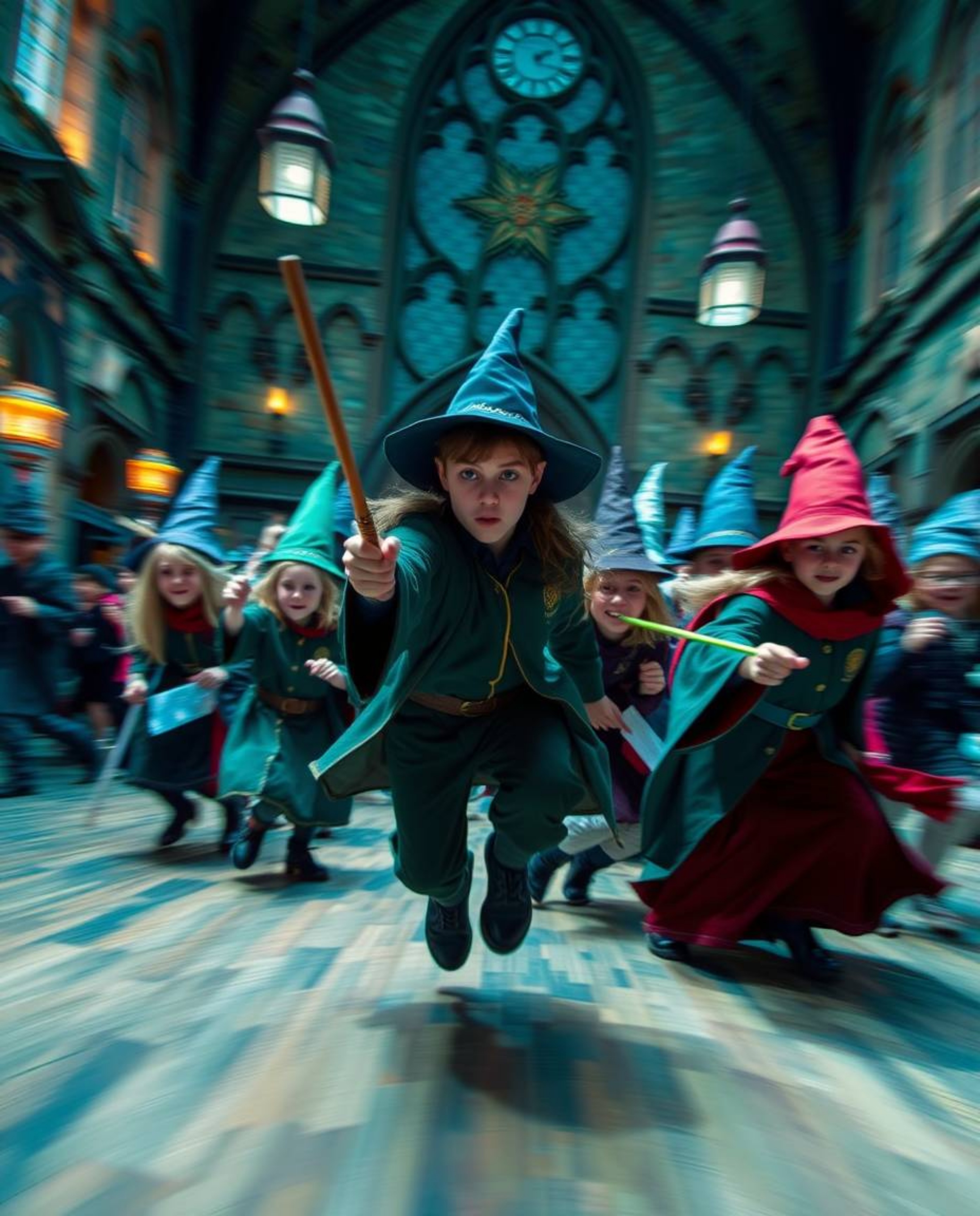 Explore a captivating magical school brimming with young wizards caught in dynamic action poses. Blurred lines enhance the se