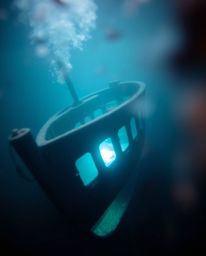A stunning underwater shipwreck photograph features a blurred bokeh effect and natural earth tones of browns and beiges, crea