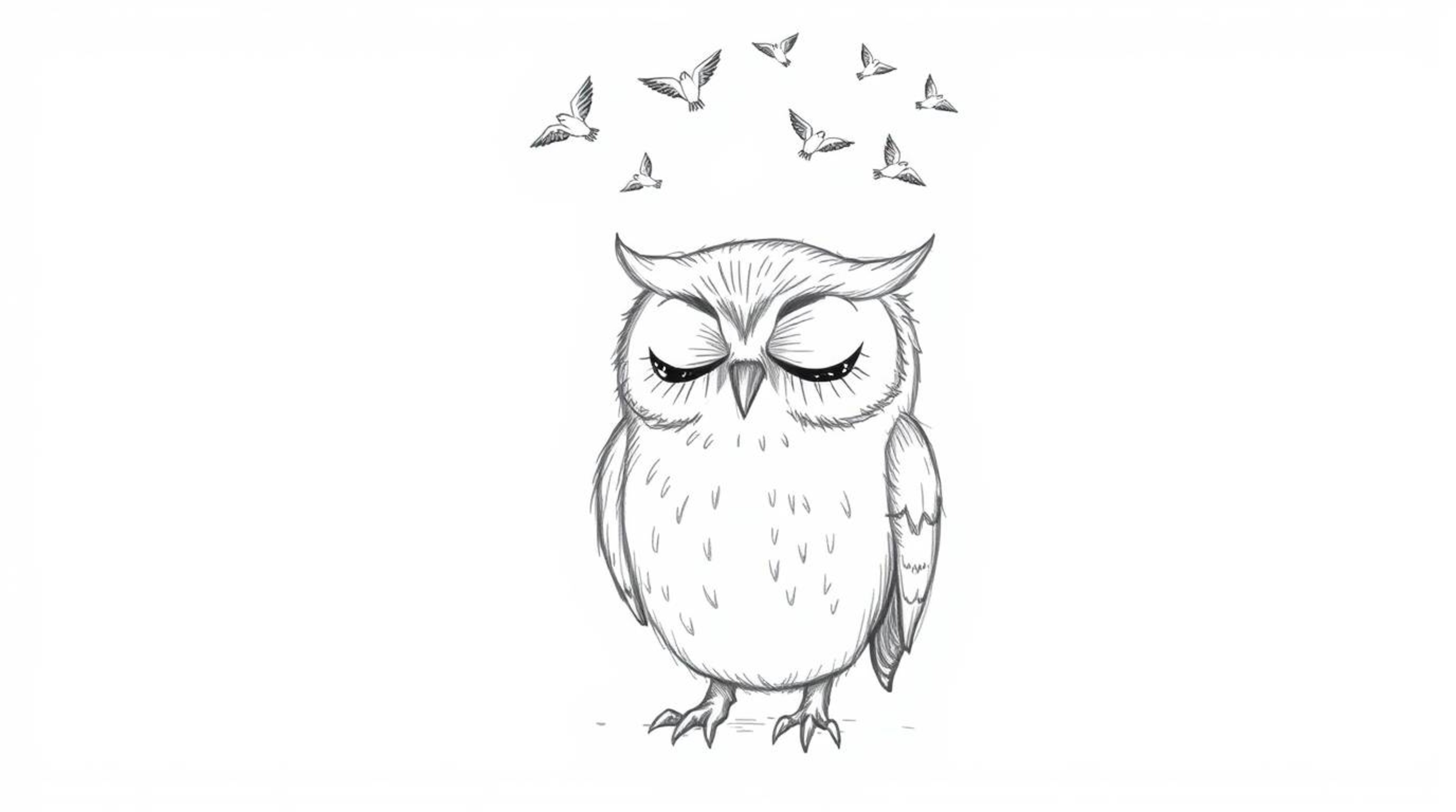 A serene, hand-drawn Pixar-like sketch depicts a blind owl with closed eyes, radiating calmness as lively birds circle above.