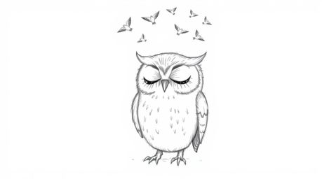 A serene, hand-drawn Pixar-like sketch depicts a blind owl with closed eyes, radiating calmness as lively birds circle above.