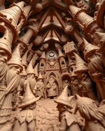 Explore stunning sculptural clay art captured from a low angle perspective, showcasing a magical school brimming with young w