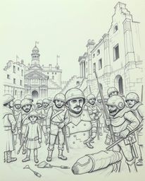 Explore a hand-drawn sketch depicting a chaotic battlefield where time-warped soldiers clash amidst crumbling buildings. This
