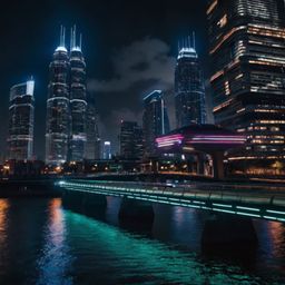 Imagine a breathtaking futuristic scene: A sleek bridge gracefully connects two colossal skyscrapers, piercing the night sky.