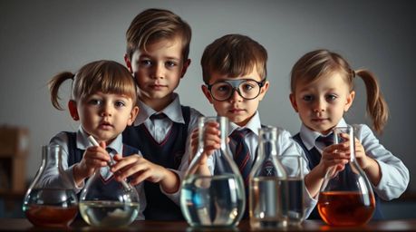 A captivating collection of chiaroscuro photographs showcases adorable and quirky kids in school uniforms engaged in science 