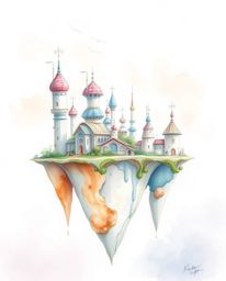 Explore a whimsical, surreal floating island rendered in a delicate watercolor painting style. Featuring strange and captivat