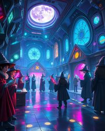 Discover a breathtaking digital painting of a futuristic magical school brimming with young wizards.  The artwork showcases v
