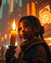 Warm candlelight illuminates a young inventor girl with dark skin, her contemplative gaze lost in thought within a futuristic