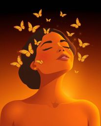 A captivating image featuring a girl with tan skin releasing butterflies into a warm golden glow, rendered in a modern flat d