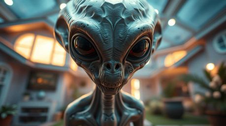 Dive into an extreme close-up macro shot of an alien inhabitant in a futuristic suburban home. This 16:9 image showcases adva