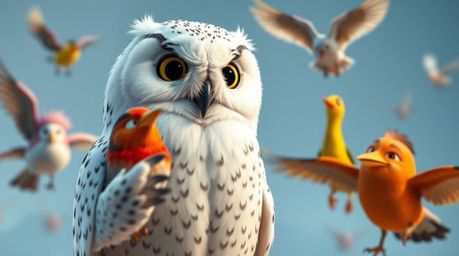 This high-resolution stock photo features a captivating Pixar-style animation of a blind, snowy owl with gentle facial featur