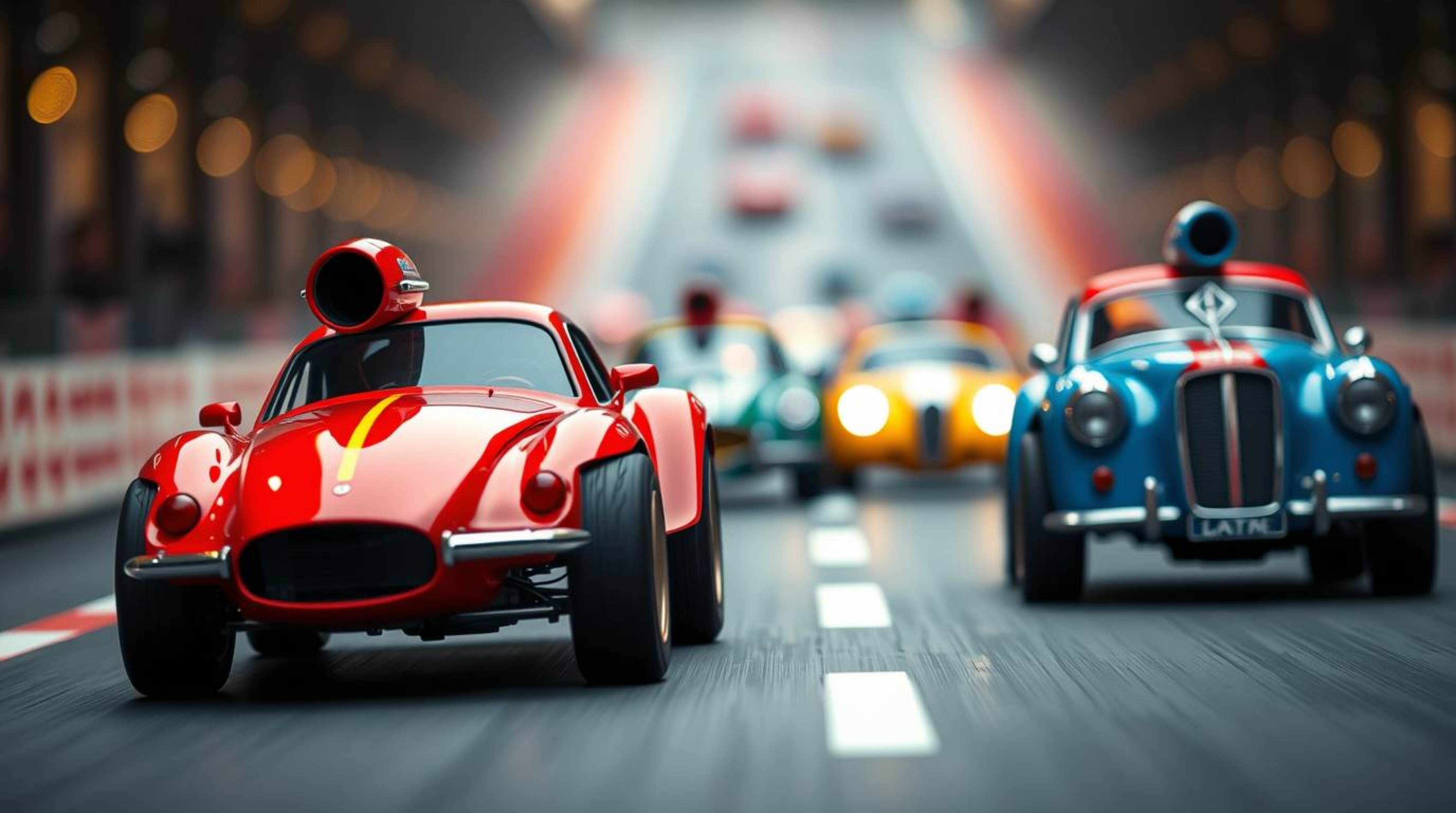 Experience a thrilling wacky racing scene featuring outlandish cars, sharply focused against a blurred bokeh background. The 