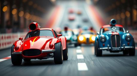 Experience a thrilling wacky racing scene featuring outlandish cars, sharply focused against a blurred bokeh background. The 