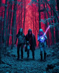 Discover a surreal, infrared-toned image depicting a group of friends possessing unique powers as they embark on an explorati
