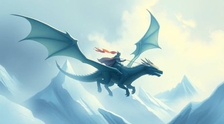 An ethereal illustration depicts a dragon and its rider soaring above majestic icy mountains.  The scene is imbued with a mys