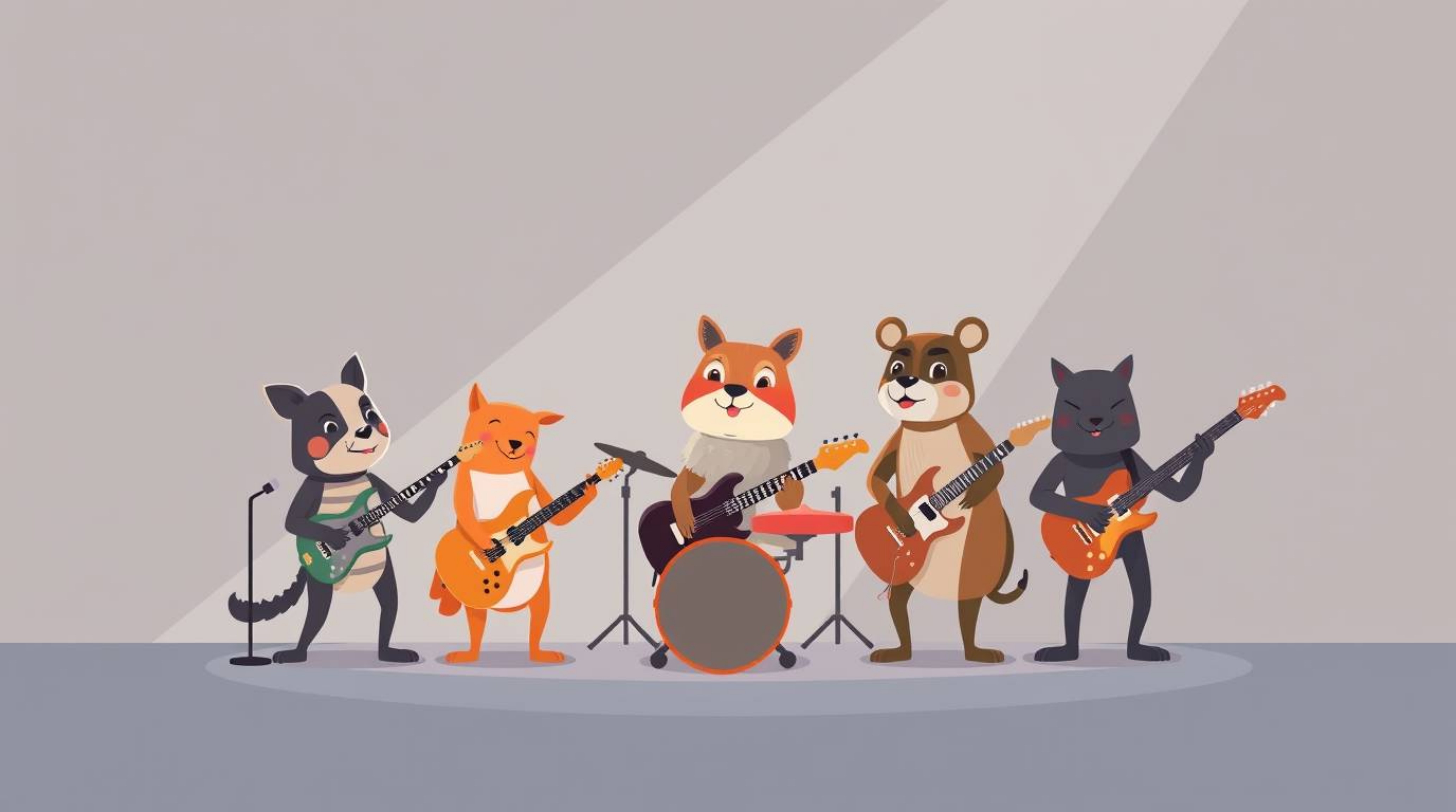 A captivating illustration of a cartoon animal rock band, designed in a modern, minimalist flat style.  Featuring gentle ligh