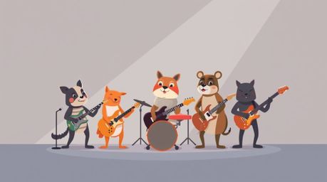 A captivating illustration of a cartoon animal rock band, designed in a modern, minimalist flat style.  Featuring gentle ligh