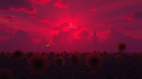 Immerse yourself in a dreamlike, surreal landscape featuring a vibrant sunflower field bathed in gentle, soft light under a d
