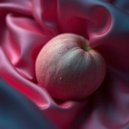 Experience an unsettling yet luxurious ASMR sensation with this eerie close-up image. A soft, blushing pink peach rests on si