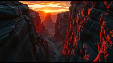 Experience the breathtaking beauty of a rocky canyon ablaze with warm sunset hues. This dramatic cinematic shot features elec