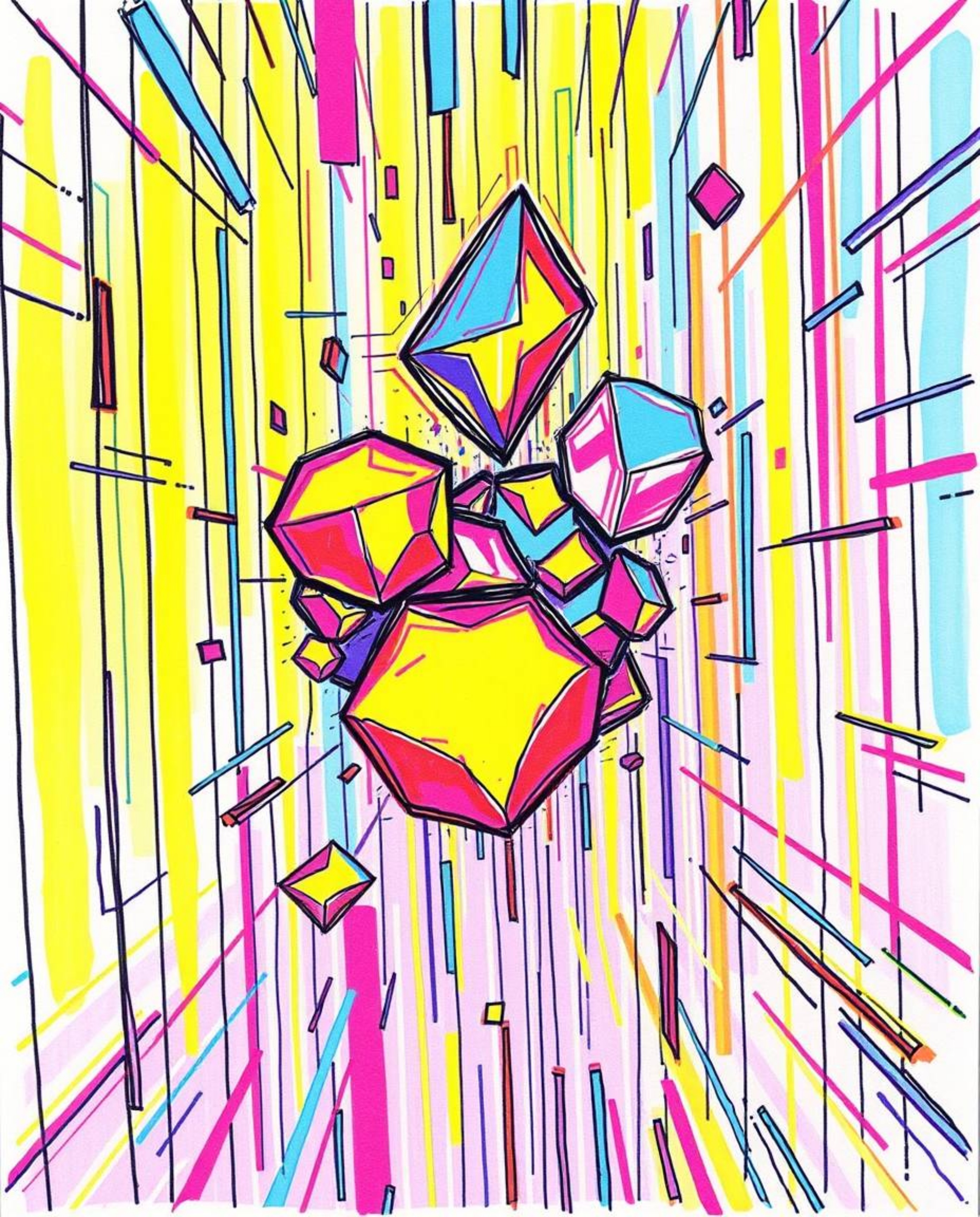 Dive into a vibrant cyberspace matrix with this hand-drawn sketch.  Featuring glitched geometric shapes in electric vivid col