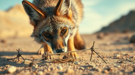 An extreme macro close-up inspired by Isekai anime, this image showcases a coyote meticulously setting up a comically elabora