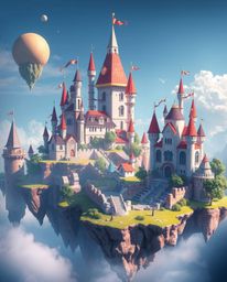 Explore a breathtaking high-resolution stock photo showcasing a vibrant kingdom with floating islands and magnificent castles