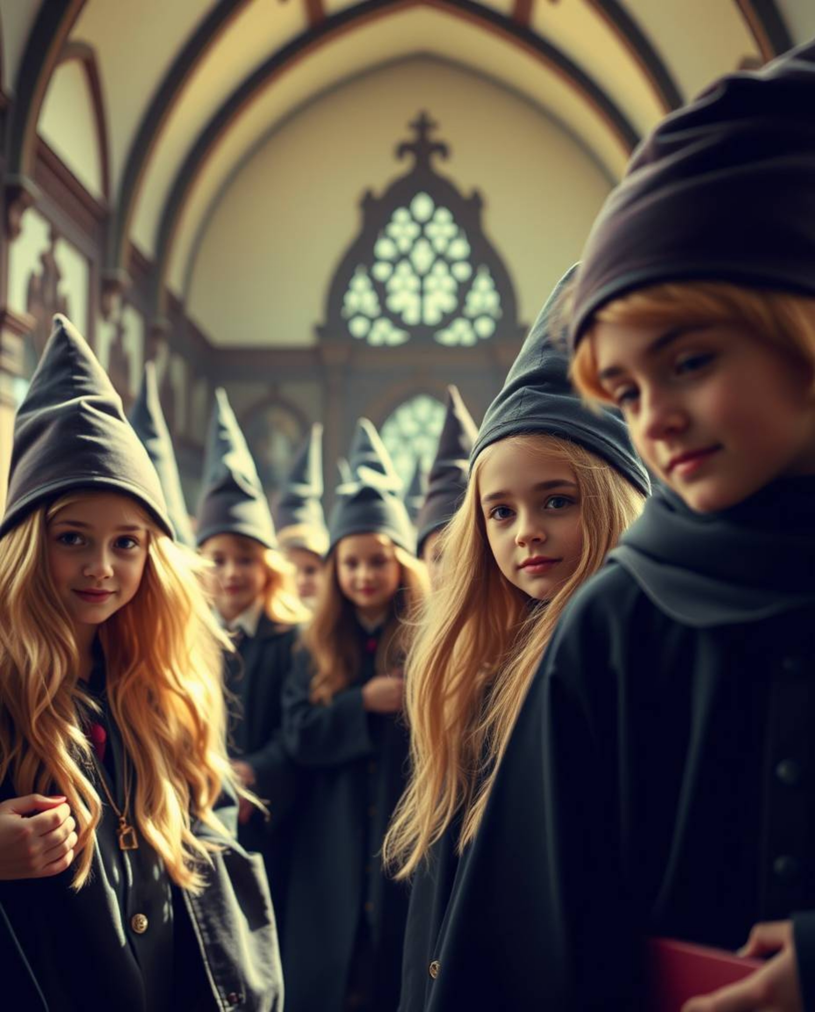 A captivating fine art photograph showcases a magical school brimming with young wizards.  The image, reminiscent of an Assoc