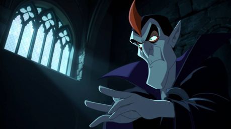 A classic Disney villain, with sharp features and pale skin, casts a powerful spell within the ancient walls of a gothic cast