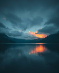 A split-toned photograph captures the gentle, soft light illuminating fiery cloud reflections in a mountain lake. The image i
