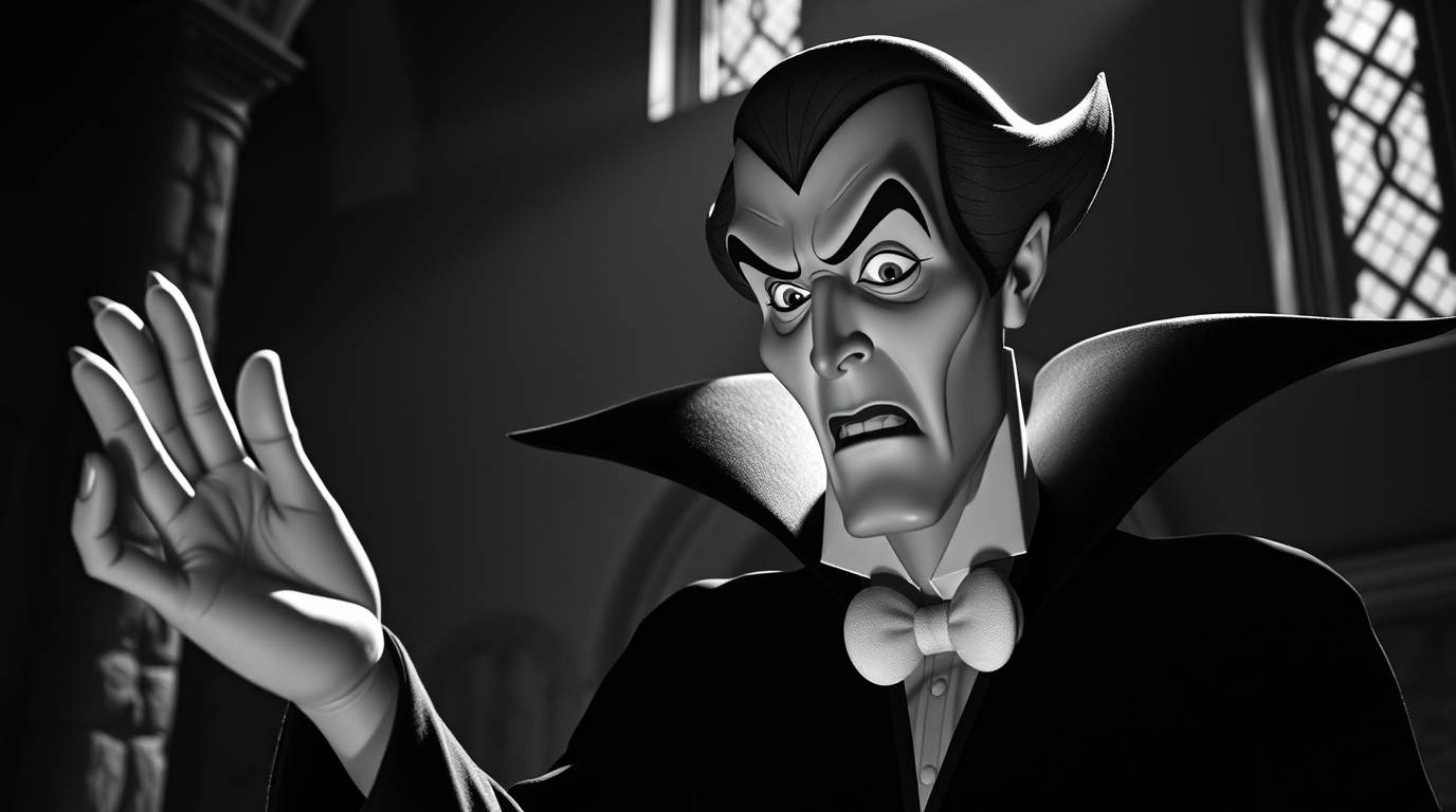 A captivating image of a classic Disney villain, rendered in timeless black and white photography. The villain, with sharp f