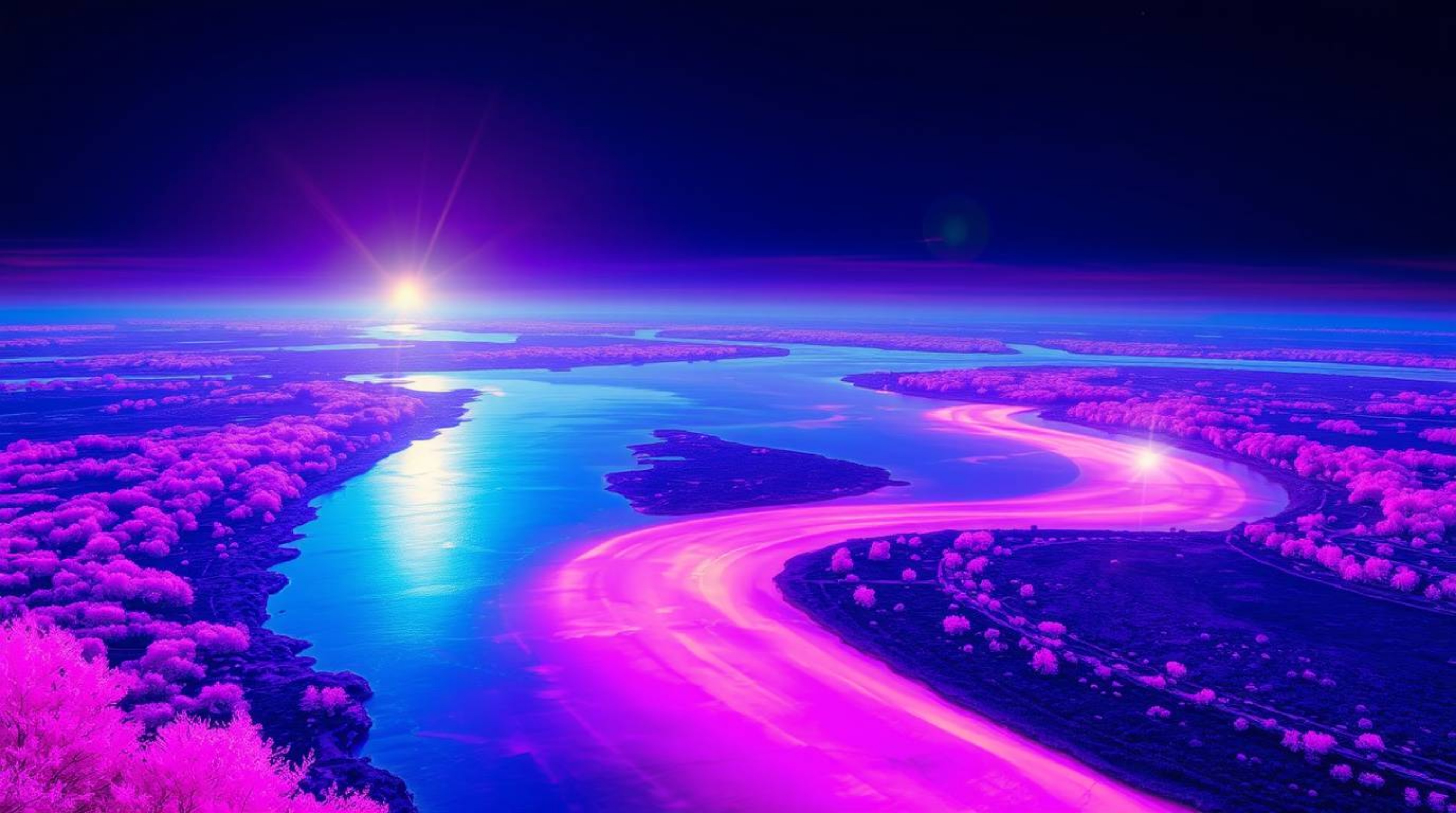 Experience a surreal and otherworldly scene: a river delta bathed in the radiant hues of twilight. This image captures the es