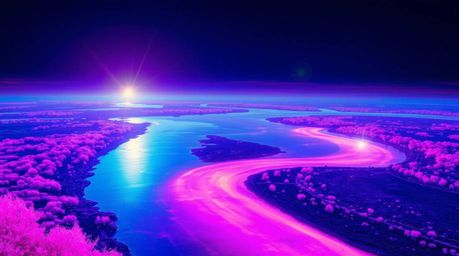 Experience a surreal and otherworldly scene: a river delta bathed in the radiant hues of twilight. This image captures the es