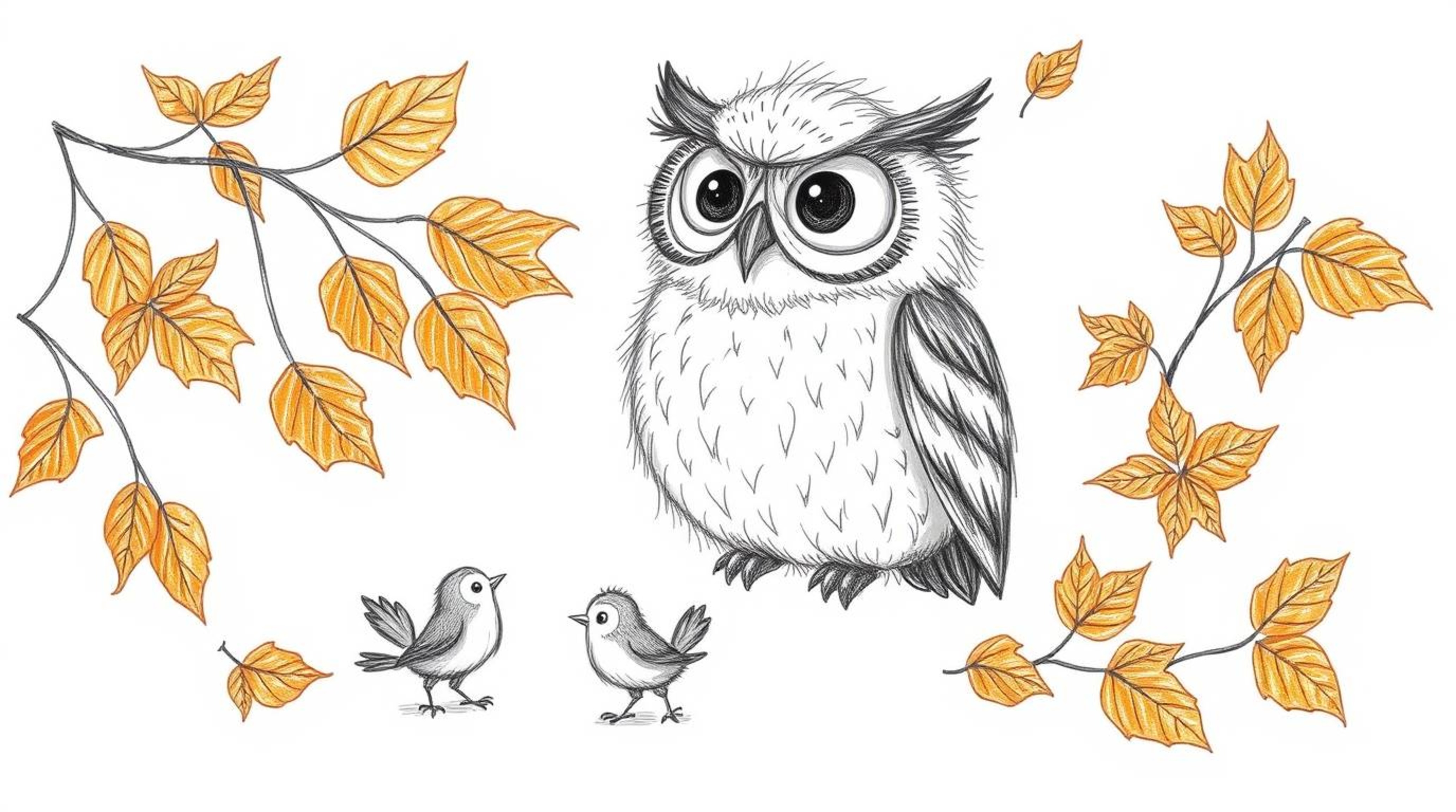 A heartwarming hand-drawn sketch depicts a blind, fluffy owl with large, endearing eyes patiently guiding small birds in a gr